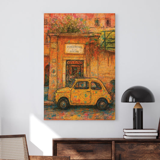 Italian street scene wall art with yellow Fiat parked by art studio