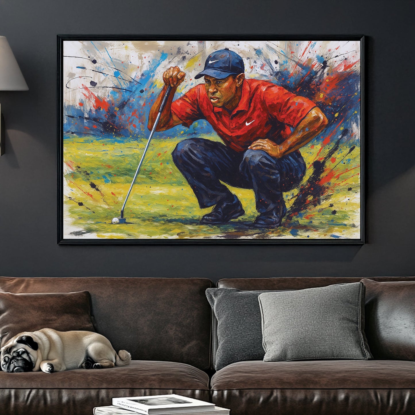 Tiger Woods golf wall art with abstract paint splatter style