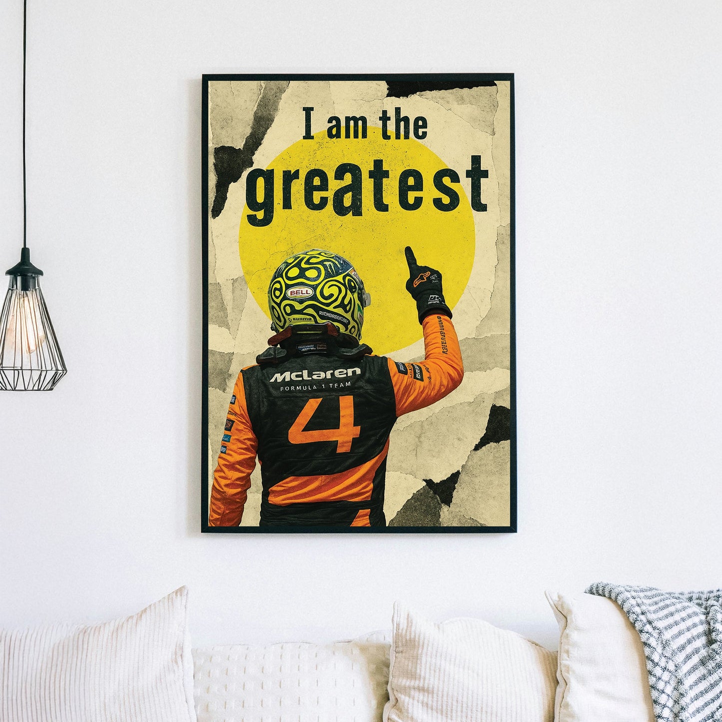 Lando Norris Mclaren Formula 1 racing wall art with bold quote and yellow background