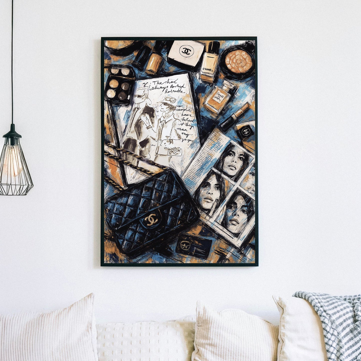 fashion-themed Chanel-inspired wall art with makeup, sketches, and editorial collage