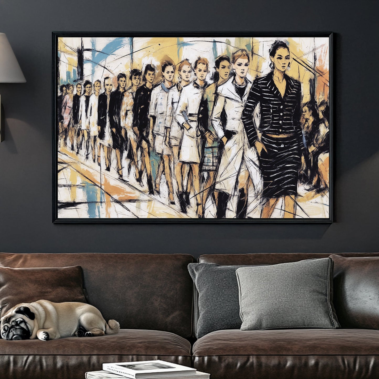 fashion runway wall art with hand-drawn models walking in a line