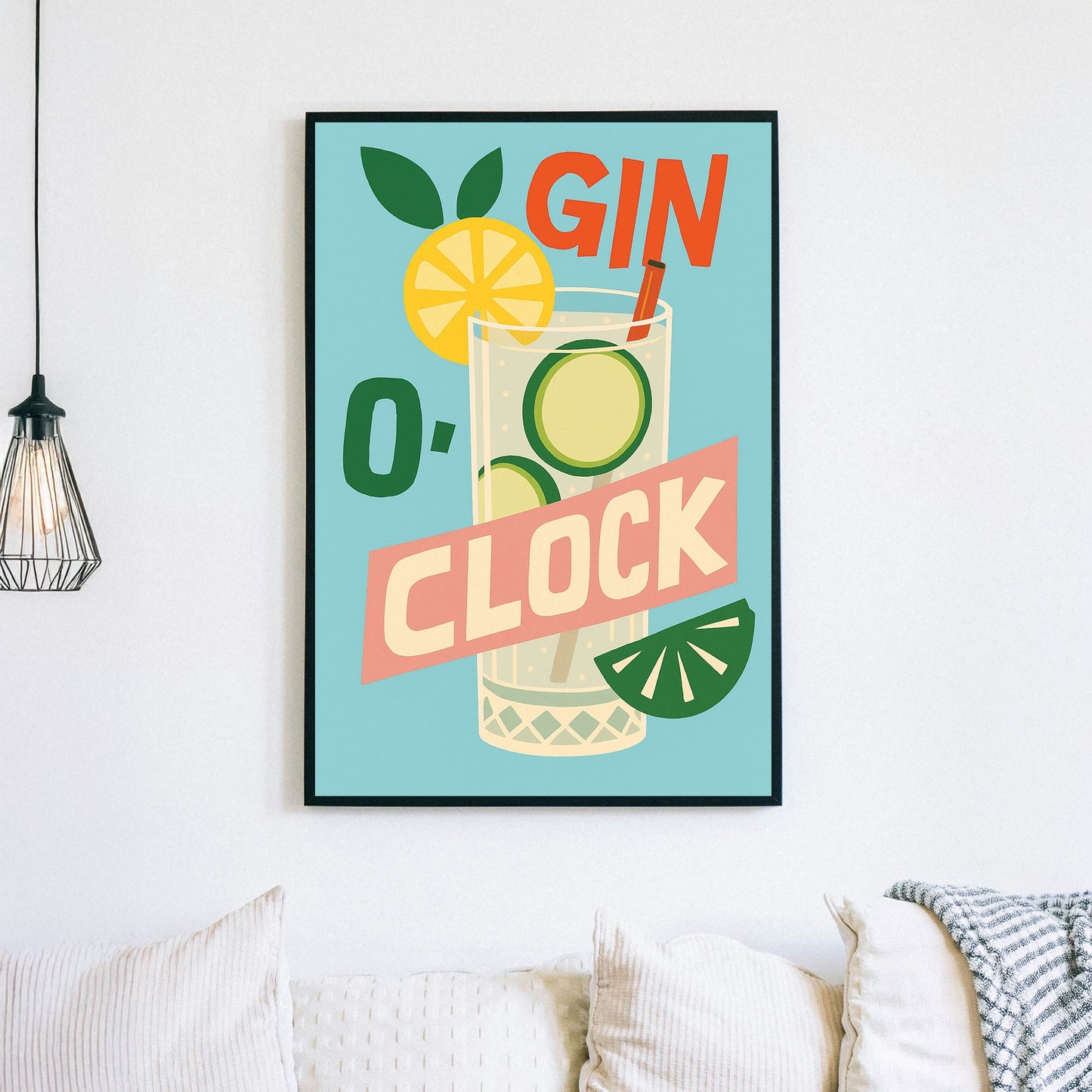 retro gin cocktail wall art with lemon, lime, and bold typography