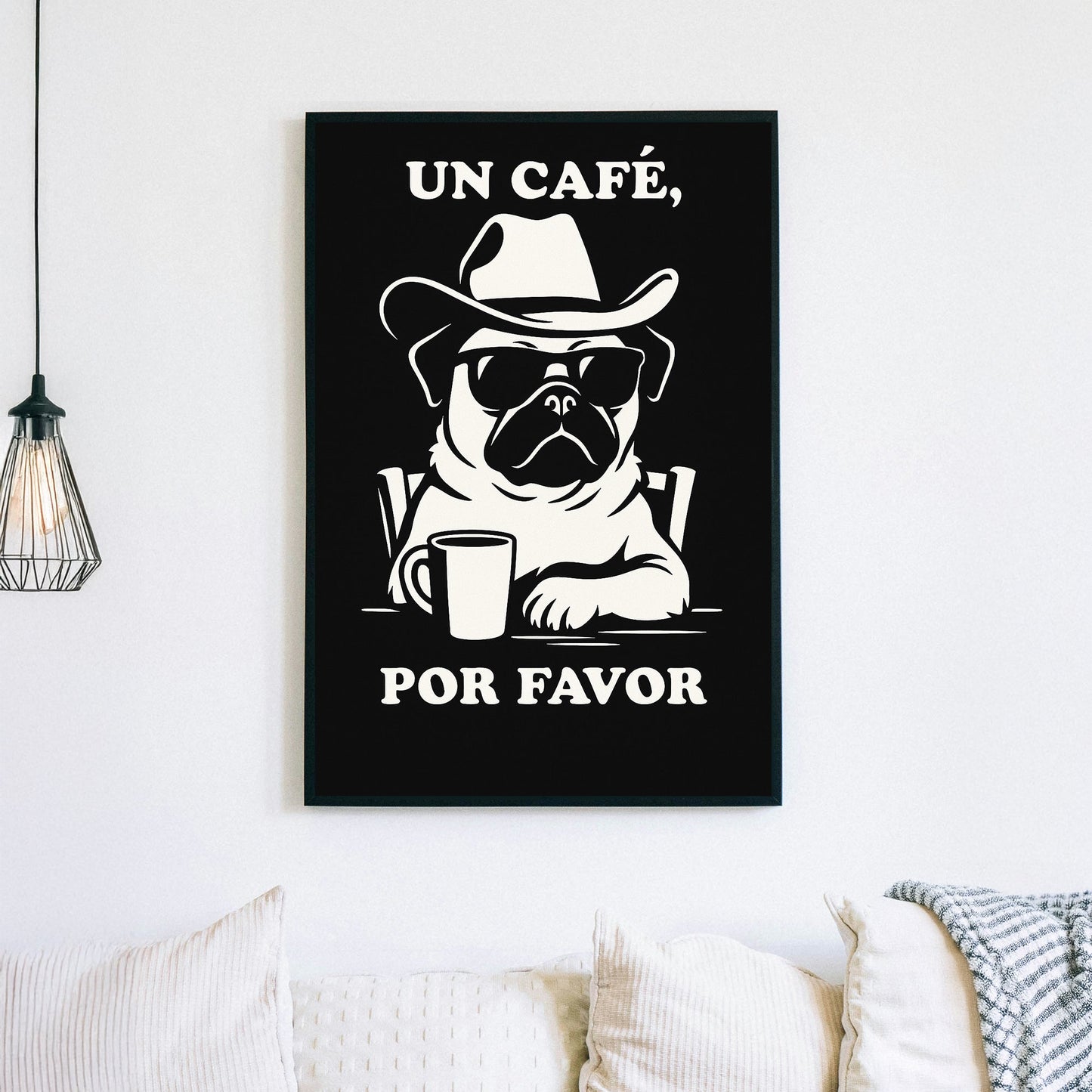 funny pug coffee wall art in black and white with Spanish text