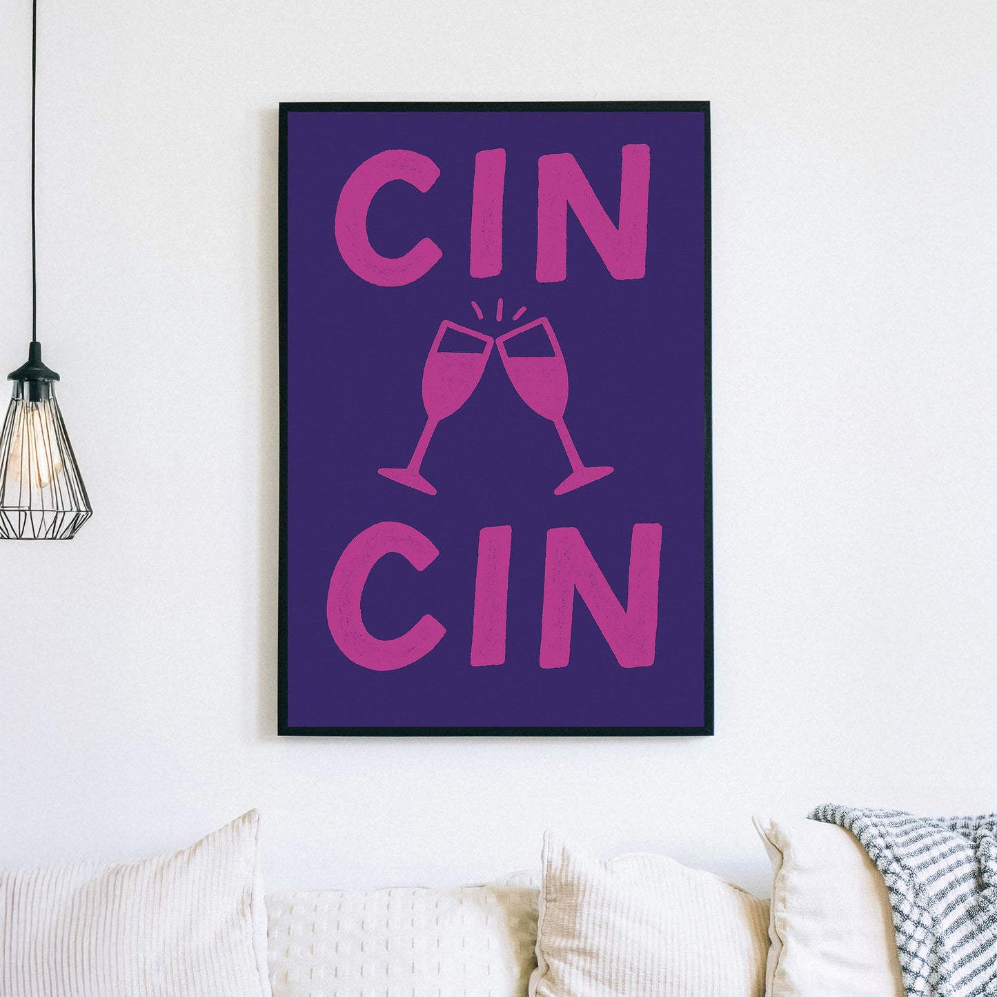 Cin Cin toast wall art with clinking glasses in pink and navy