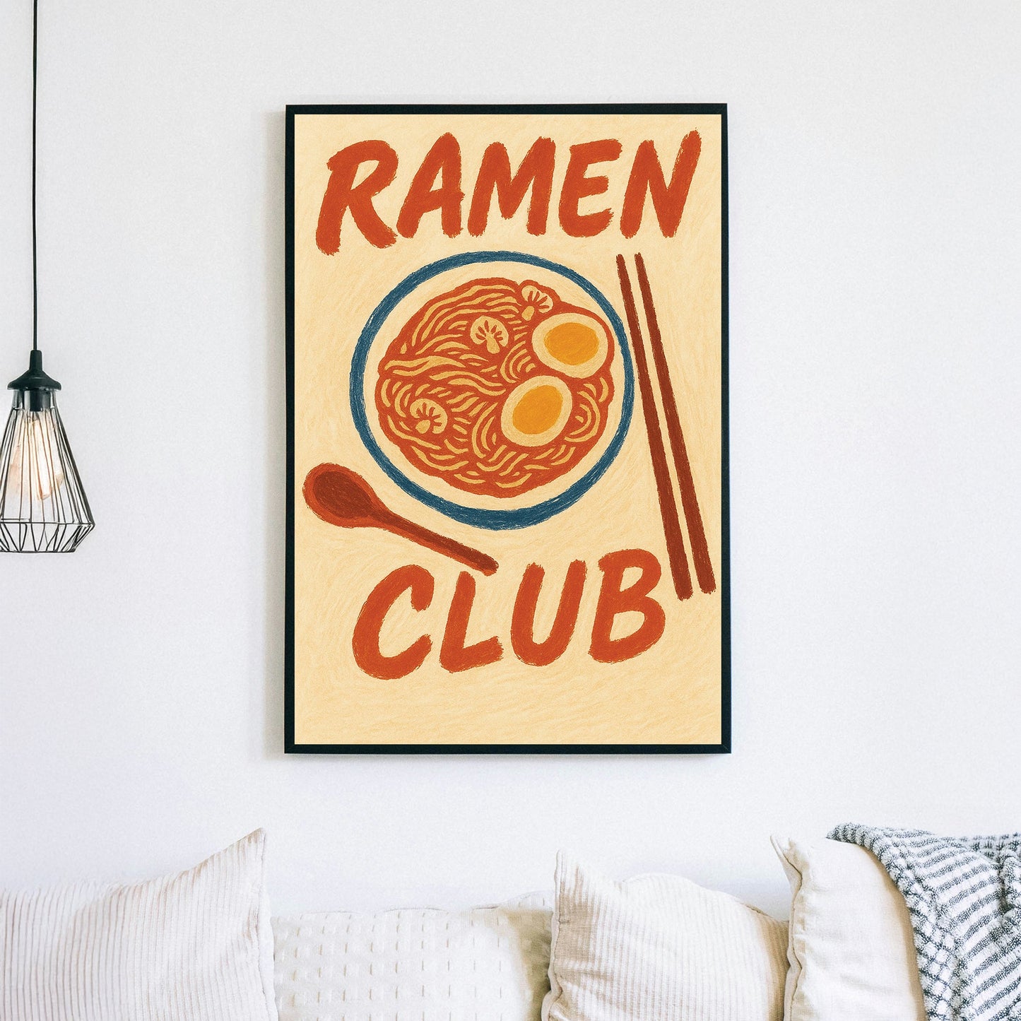 ramen noodle bowl wall art with chopsticks and vintage-style lettering