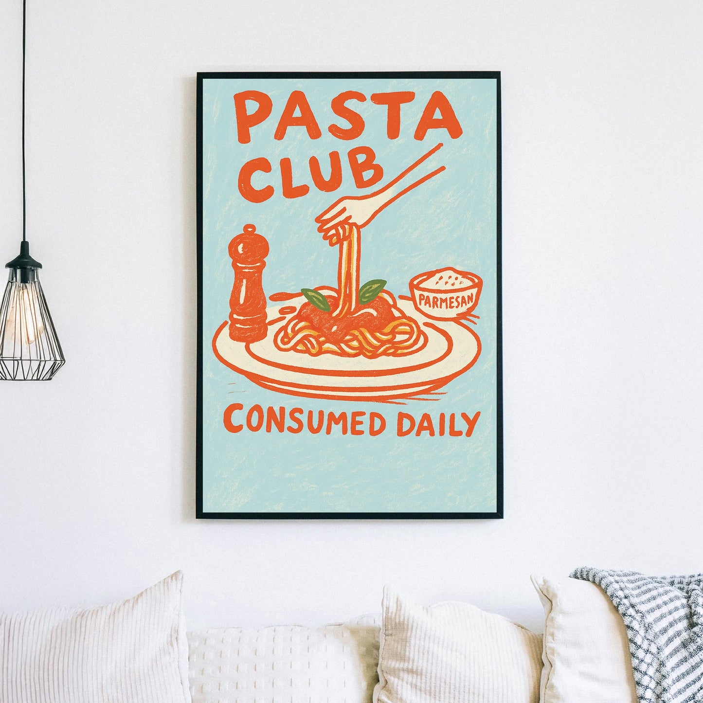 pasta-themed wall art with plate of spaghetti and hand-drawn retro text