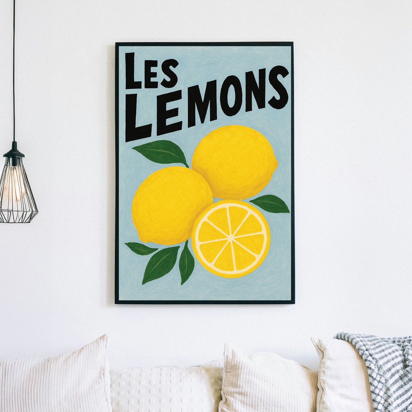 lemon-themed wall art with hand-drawn fruit and playful French text