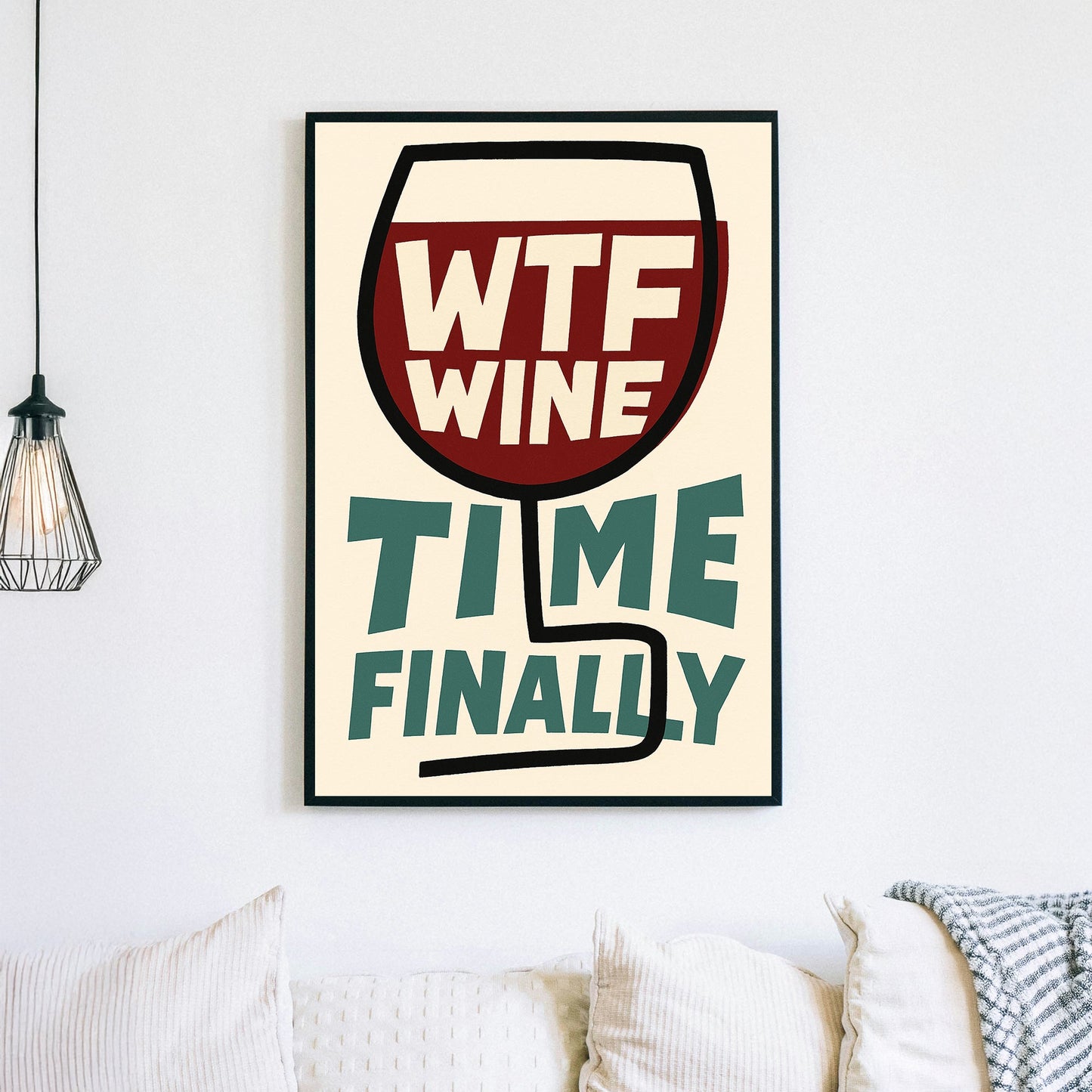funny wine wall art with bold WTF Wine Time Finally text inside a glass