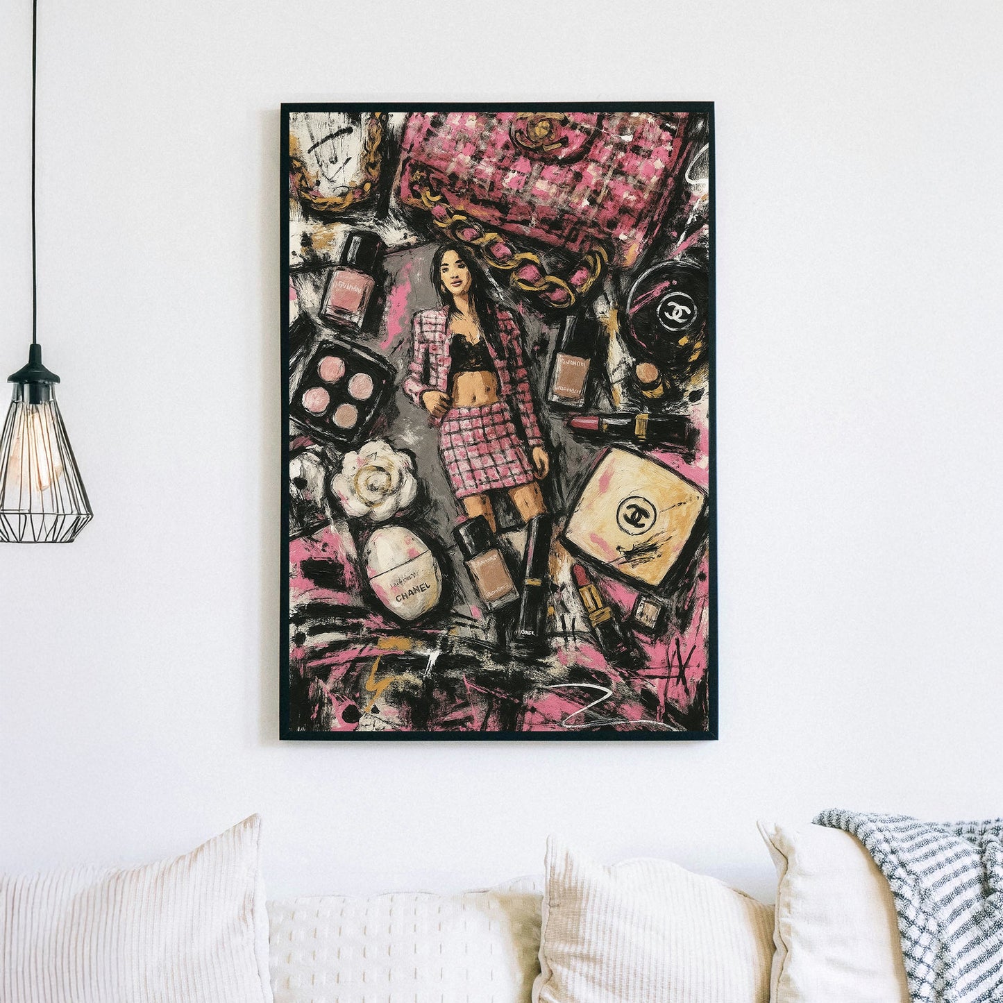 bold pink fashion-inspired wall art with makeup, perfume, and Chanel references
