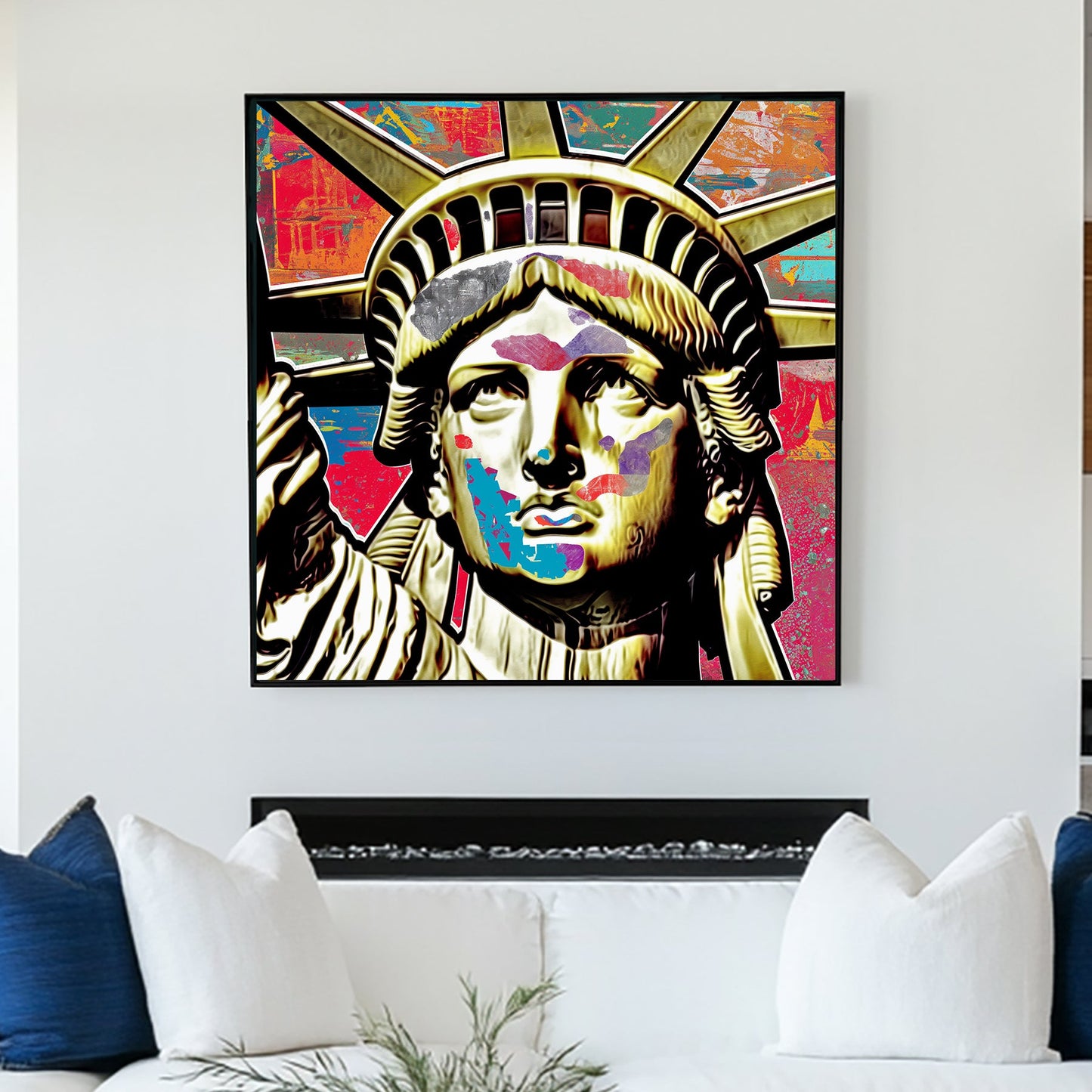 graffiti-style pop art wall art of the Statue of Liberty with colourful abstract overlays
