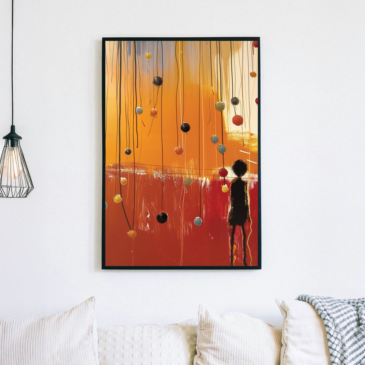emotional abstract wall art with silhouette figure and colourful spheres on hanging wires