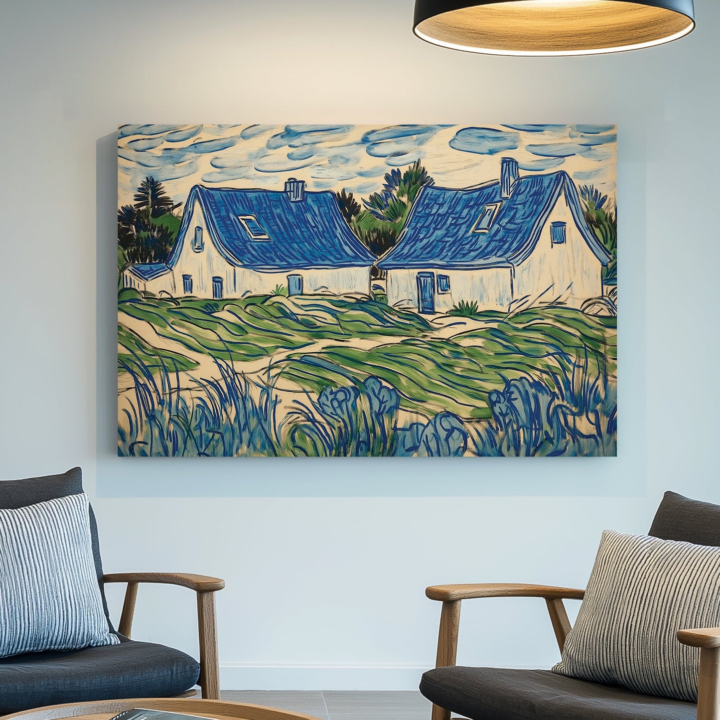 blue cottage landscape wall art with swirling brushstrokes and green fields