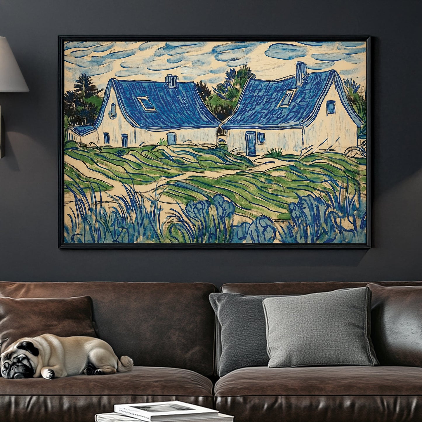 blue cottage landscape wall art with swirling brushstrokes and green fields