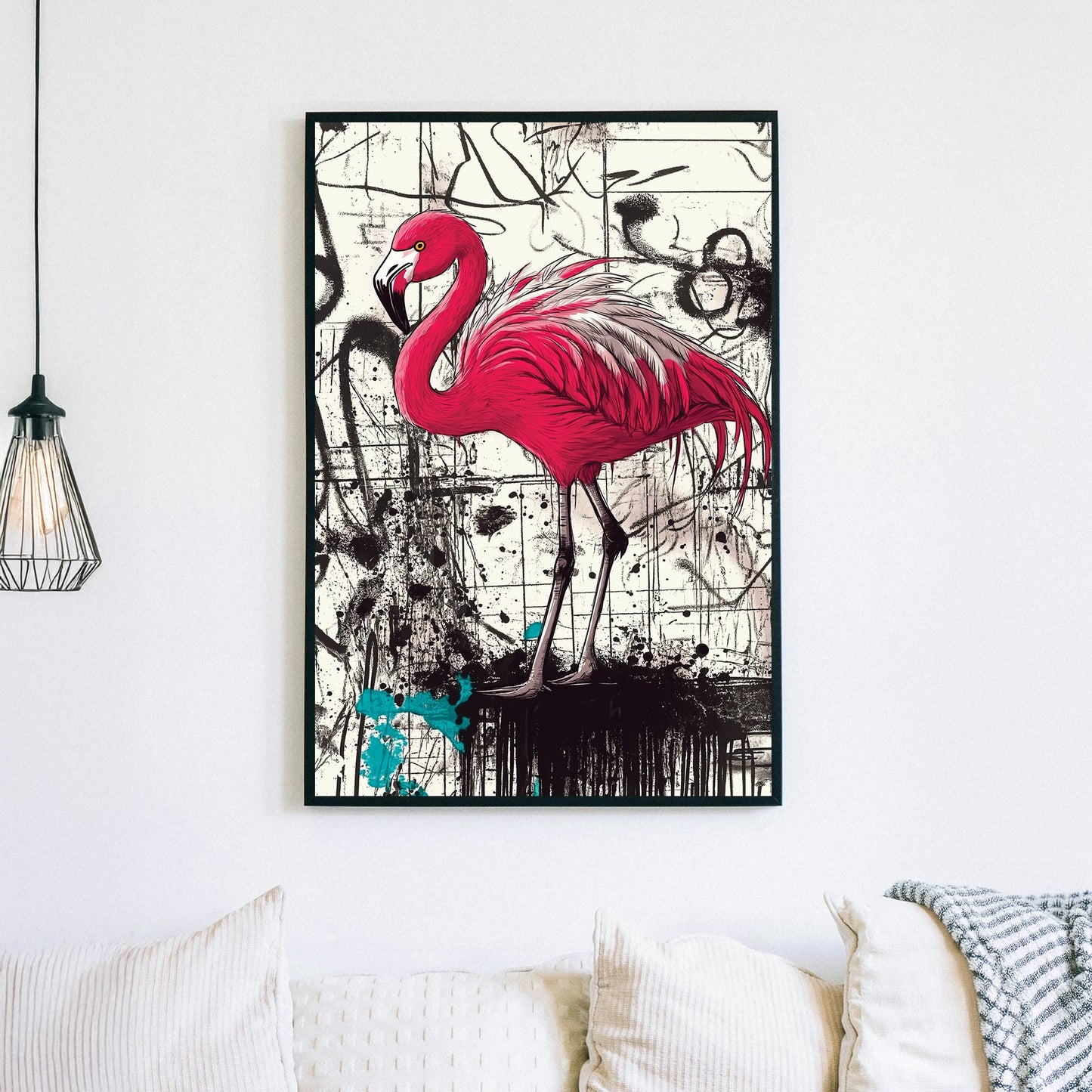 graffiti flamingo wall art with bold pink bird on abstract black and white street background