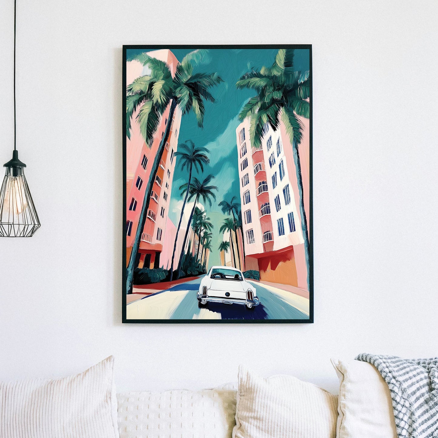 Miami palm street wall art with vintage car and pastel buildings in retro beach city style