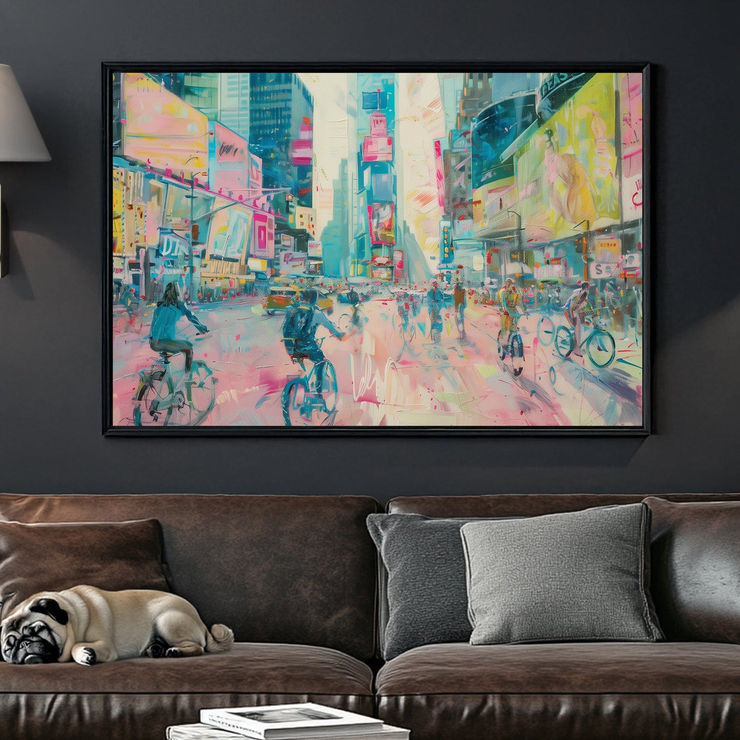 Wall art of cyclists in pastel-toned Times Square with glowing billboards and city buzz