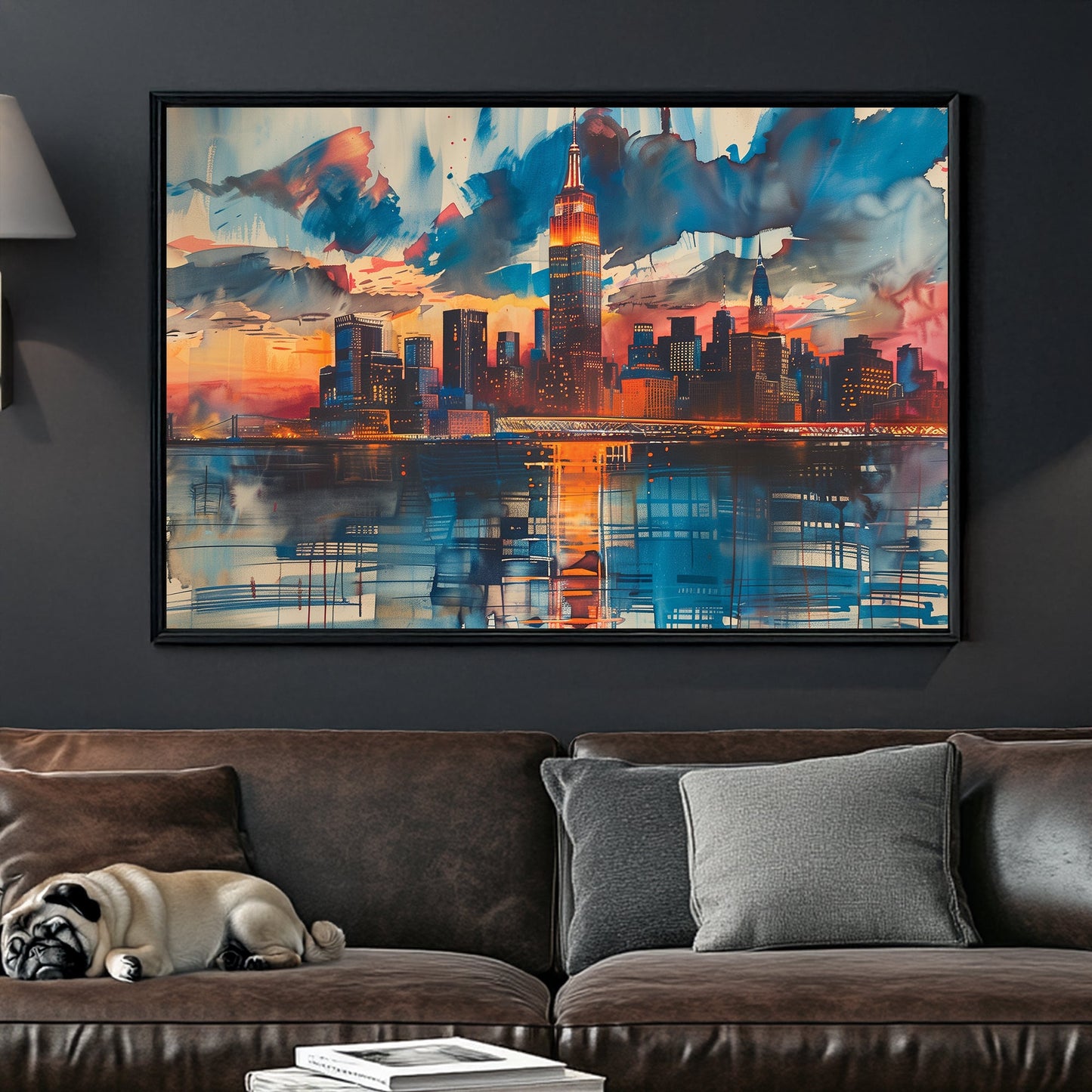 Wall art of New York City skyline with sunset colours and graffiti-style reflections