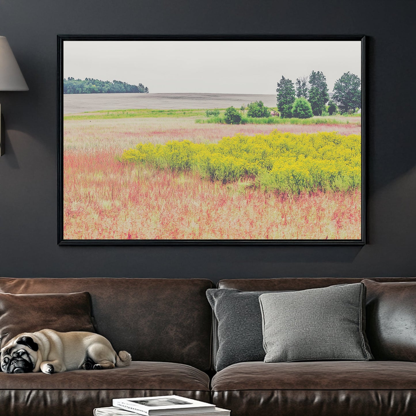 Wall art of a colourful prairie landscape with yellow wildflowers and open fields