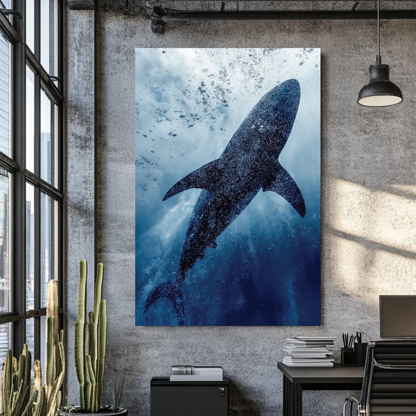 Wall art of a shark swimming underwater surrounded by bubbles