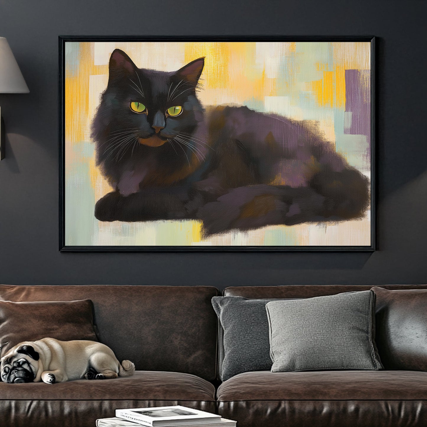 Wall art of a black cat with yellow eyes on a textured abstract background