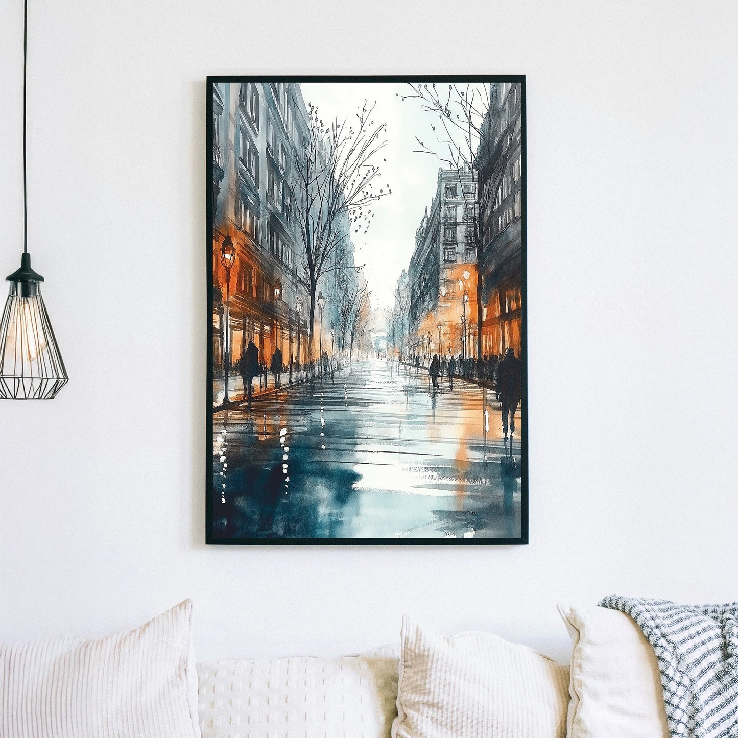 Wall art of a rainy city street with glowing windows and people walking