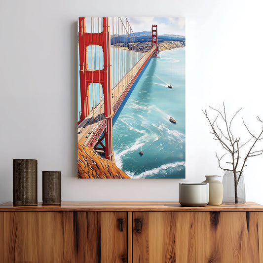 Golden Gate Bridge wall art with turquoise ocean and sailboats below