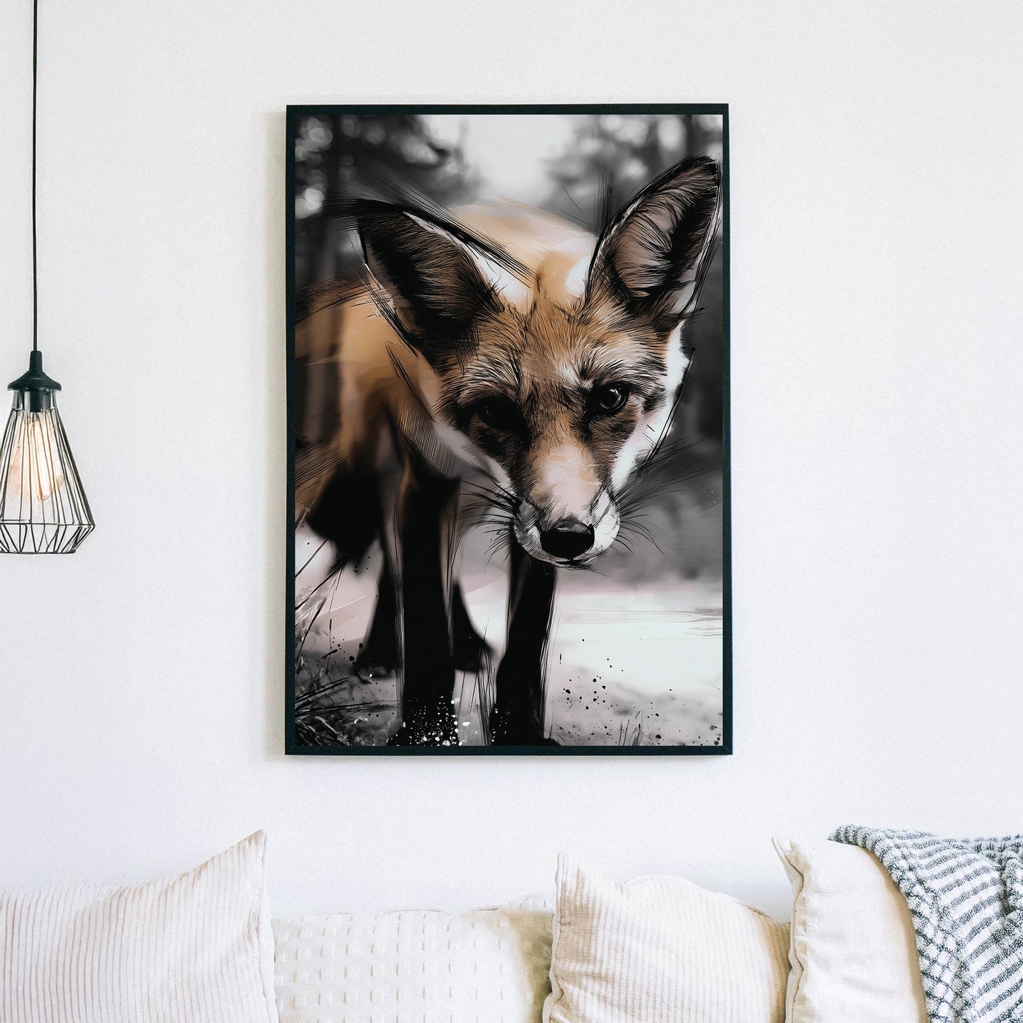 illustrated fox in forest close-up wall art with bold sketch lines