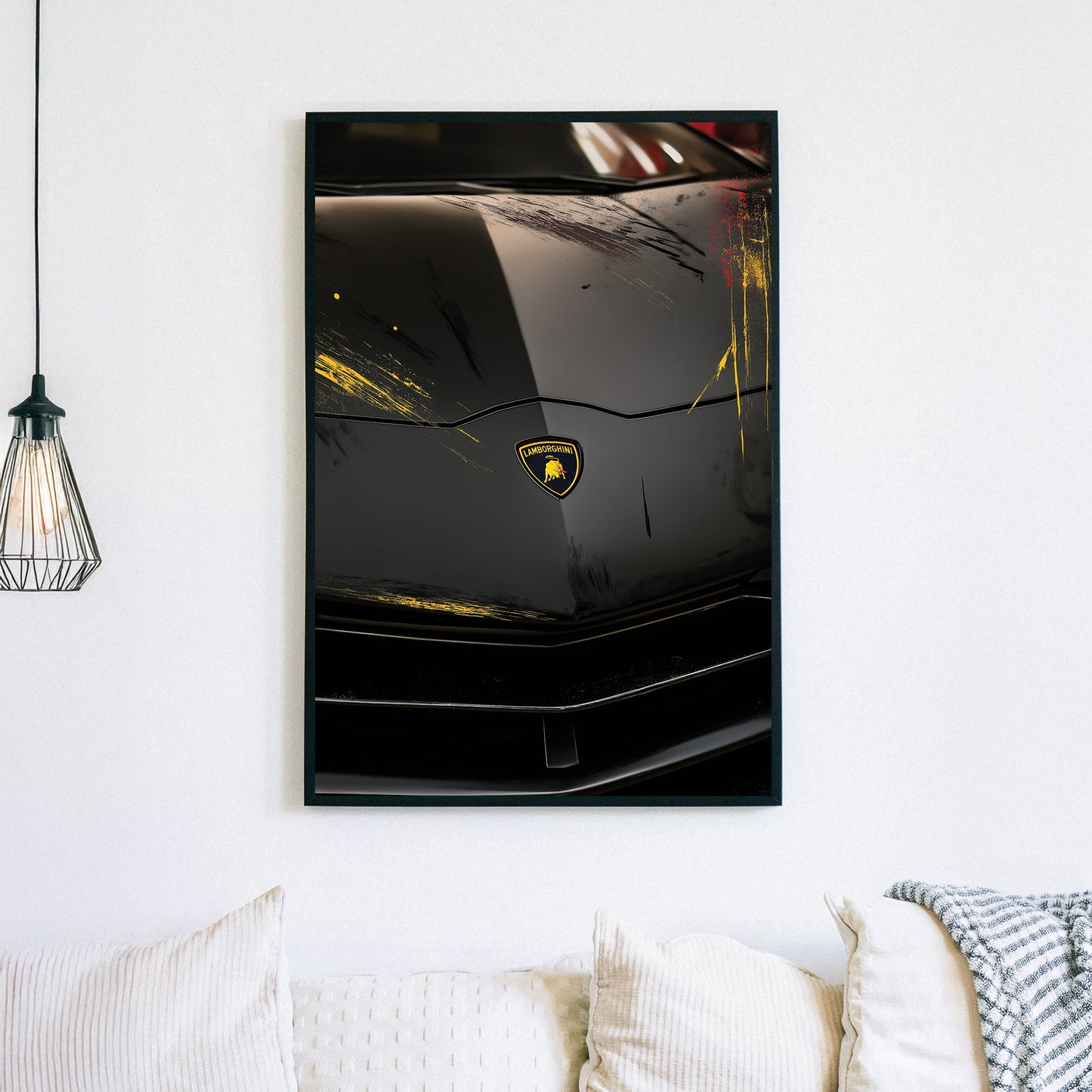 black Lamborghini hood with yellow and red streaks wall art