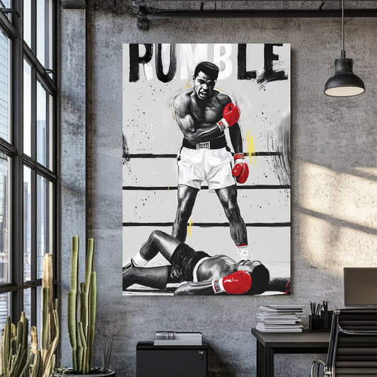 Muhammad Ali boxing knockout scene wall art with bold red gloves and RUMBLE text