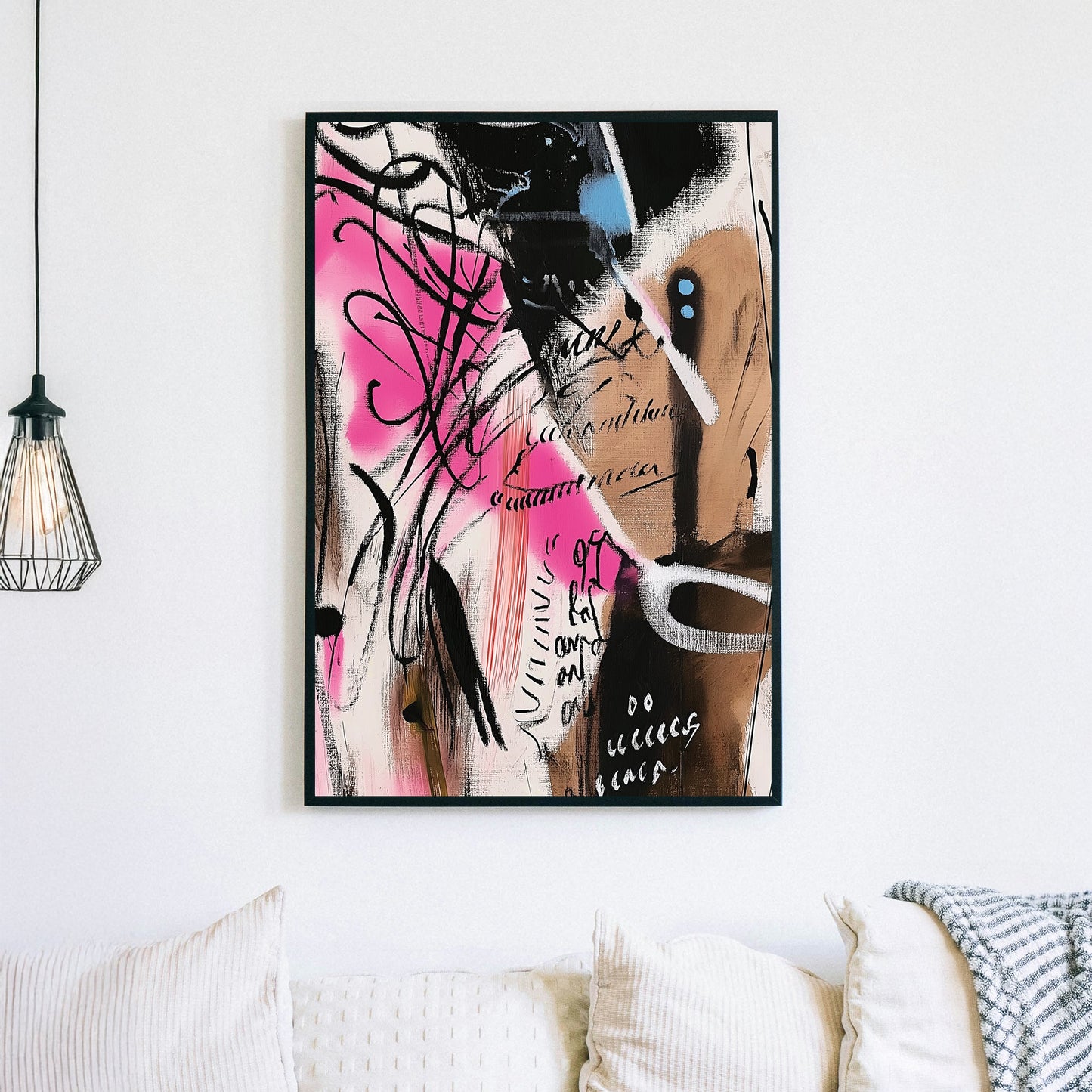 abstract graffiti-inspired wall art with pink accents and expressive text marks