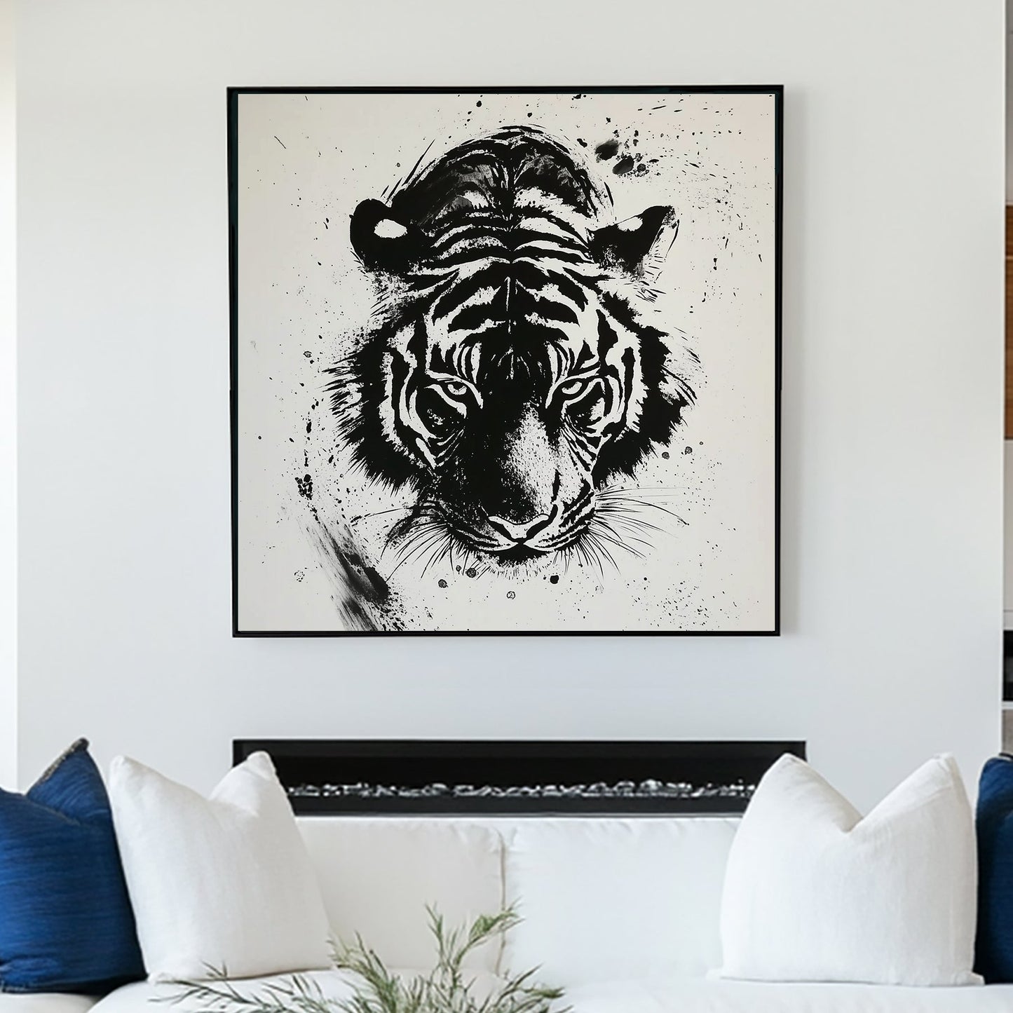 black and white tiger wall art with expressive ink splatter style