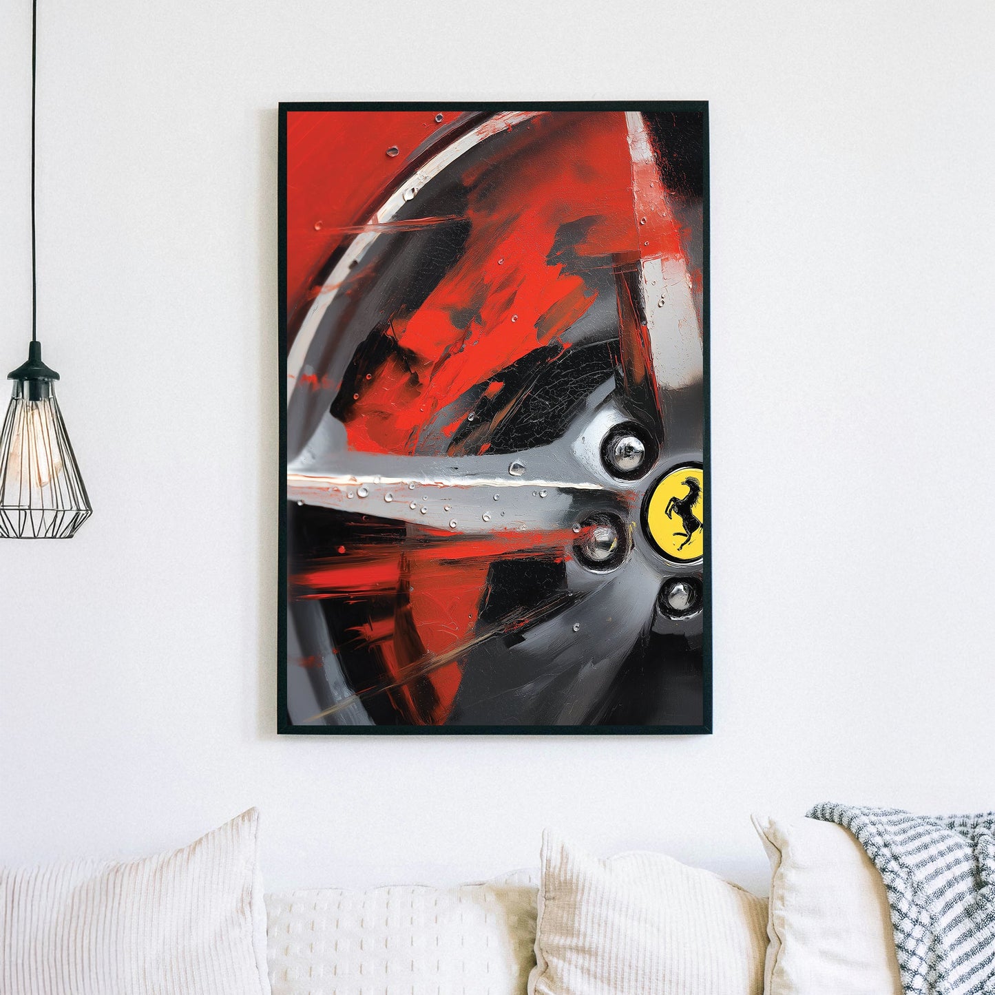 Ferrari-themed abstract car wall art with red and black textures