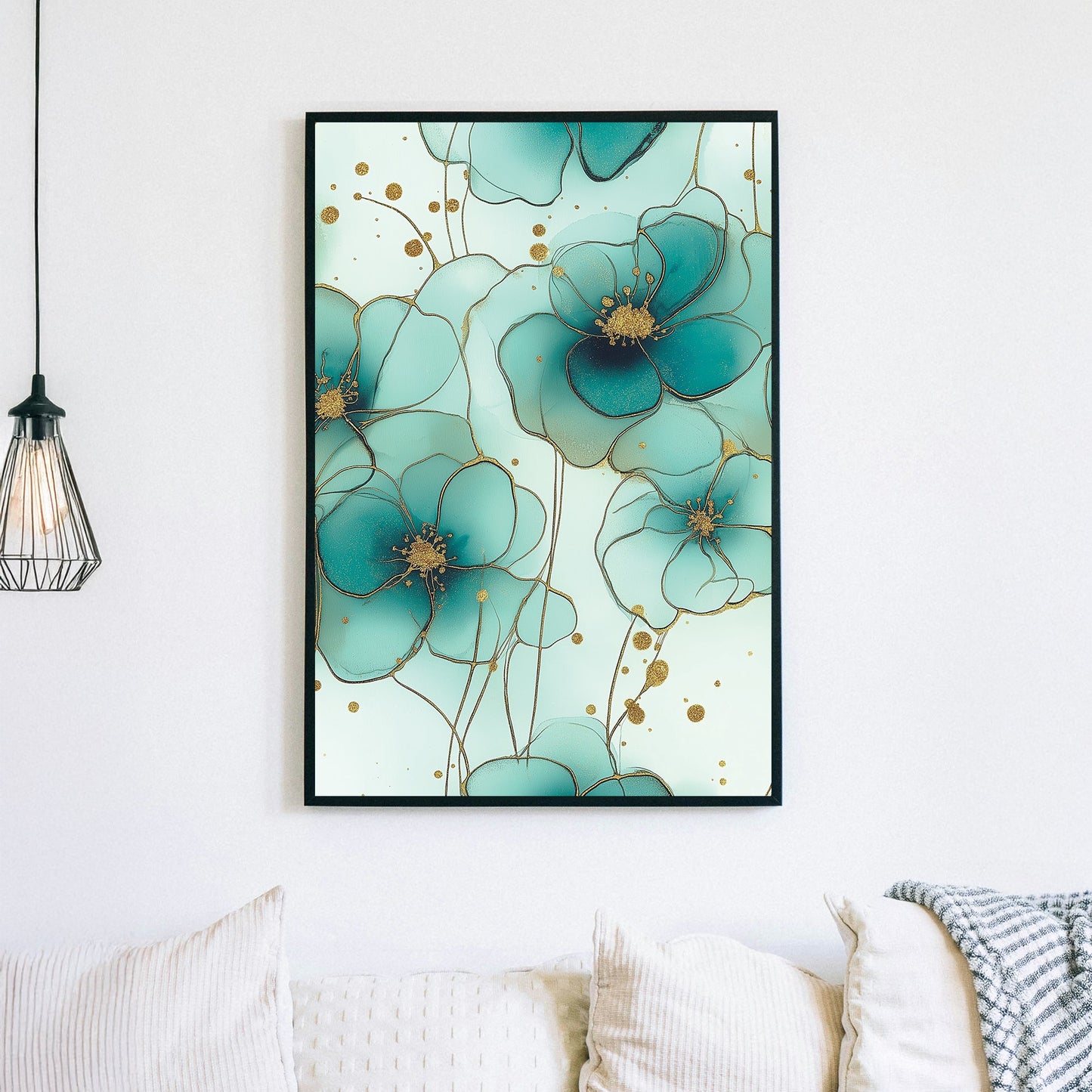 teal floral wall art with gold accents on mint green background