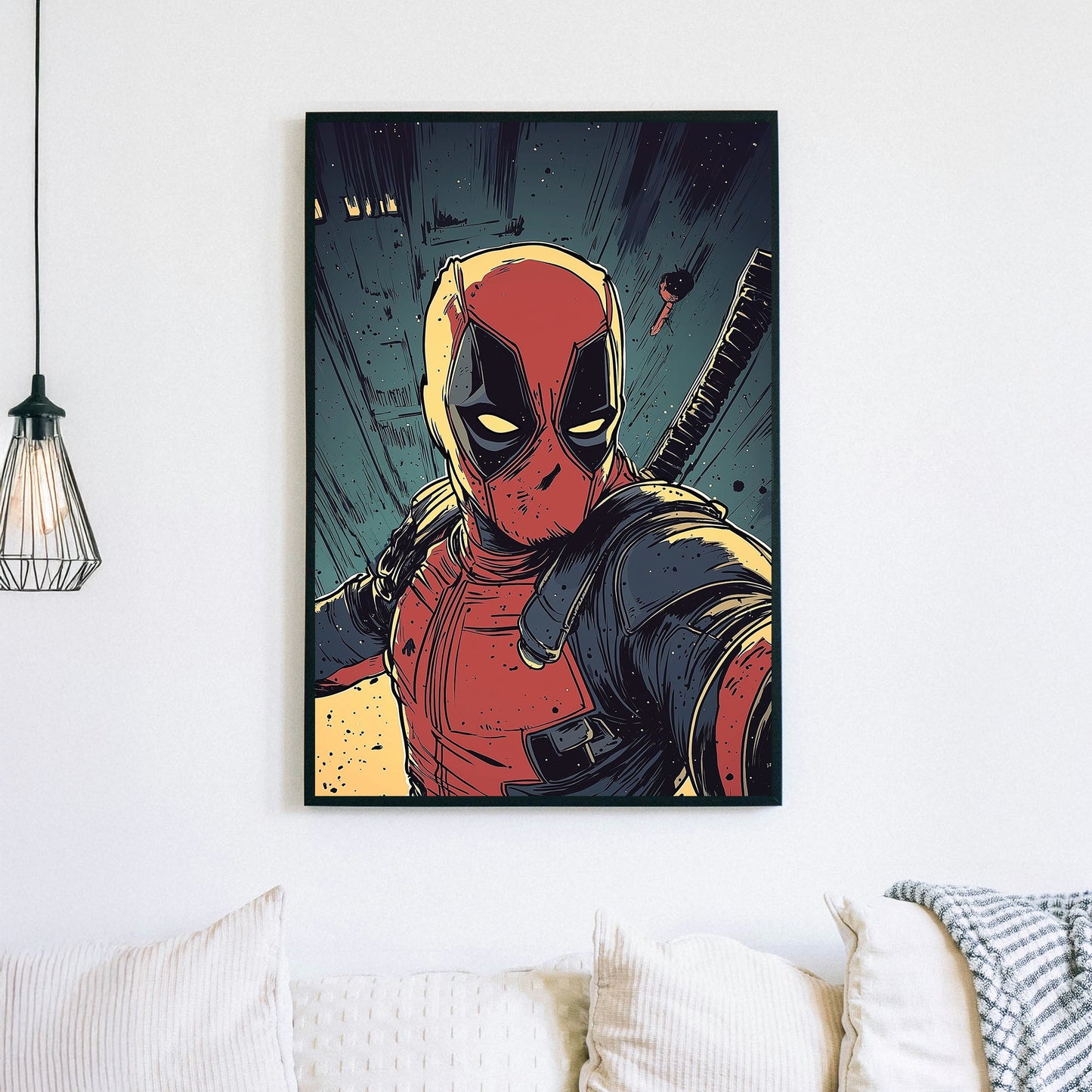 comic-style wall art of red-suited anti-hero with katana