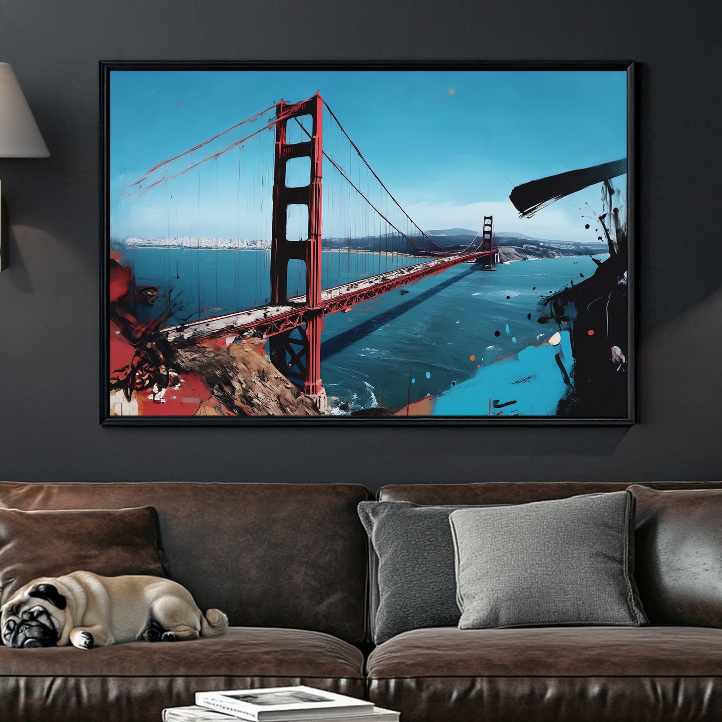 Golden Gate Bridge wall art with abstract brushstroke accents