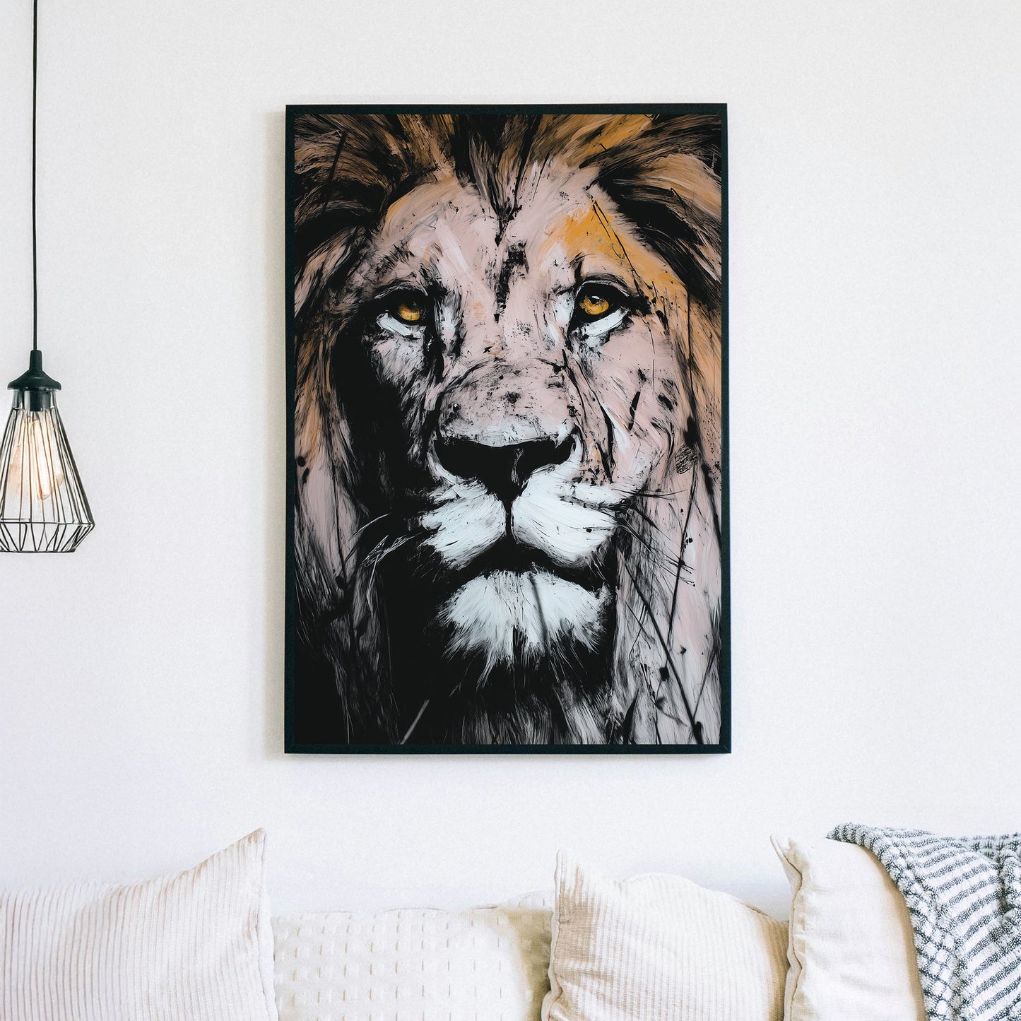 lion face wall art with textured brushstrokes