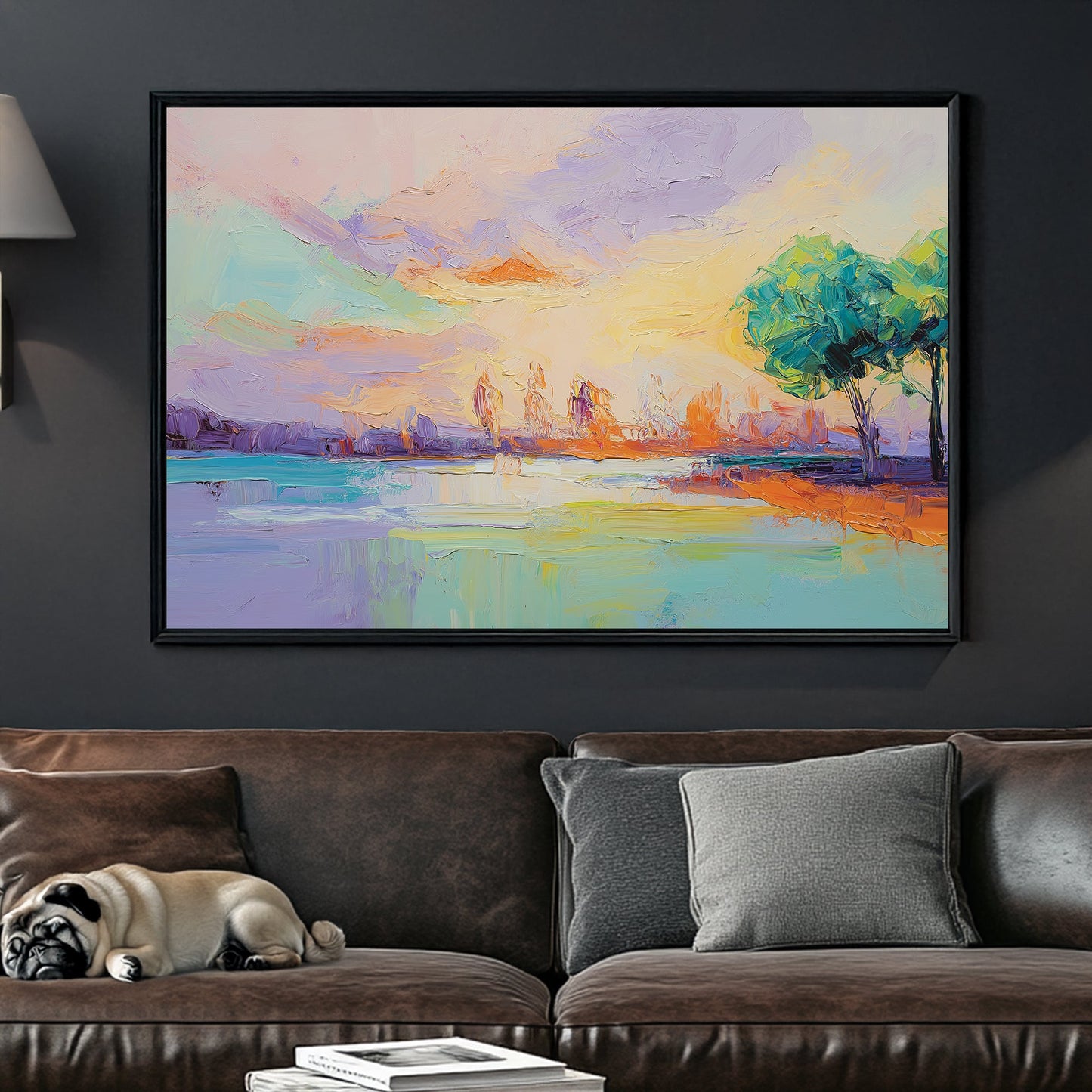 vibrant pastel lake sunset wall art with trees