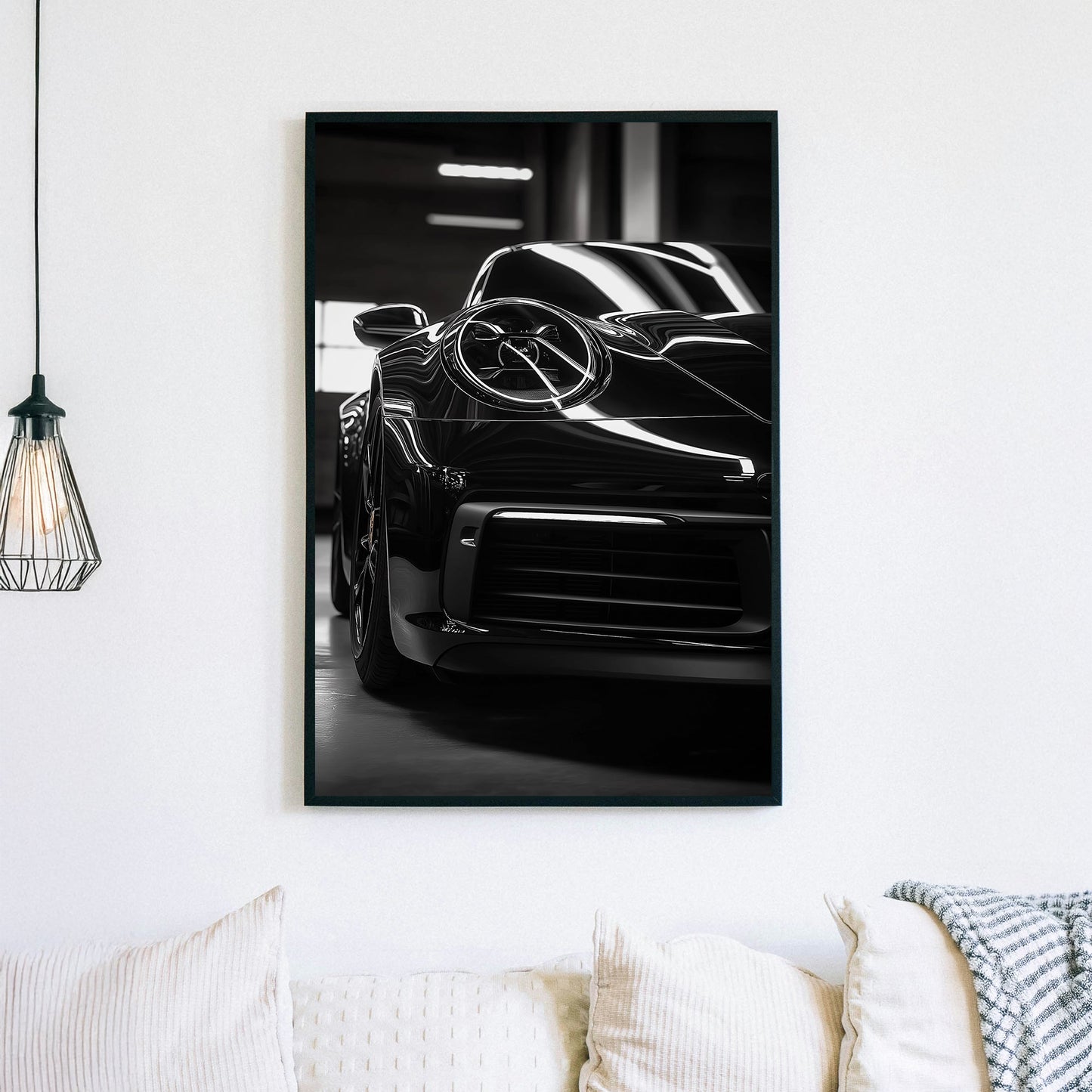 black and white porsche close-up wall art