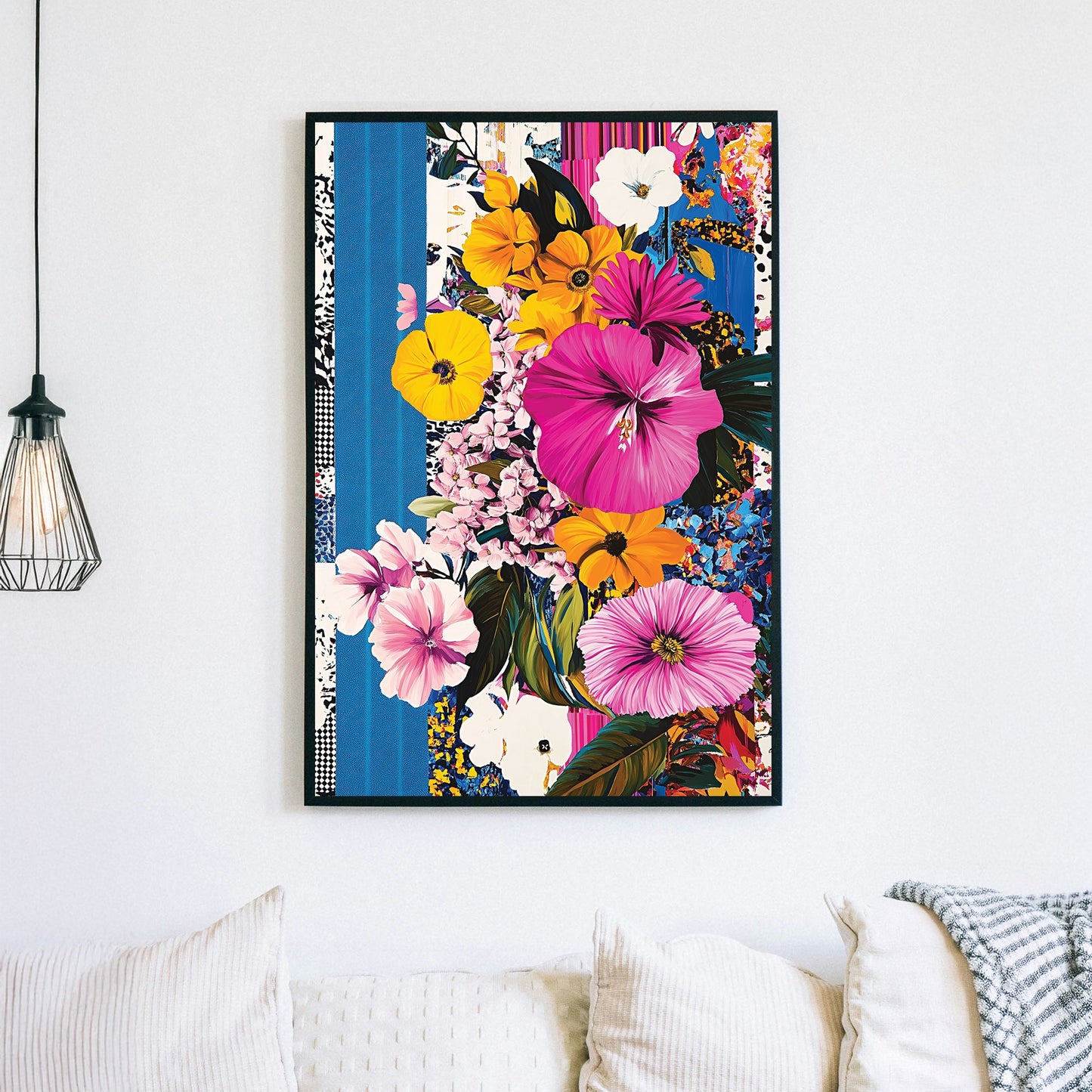 vibrant floral pop art style wall art with yellow and pink flowers