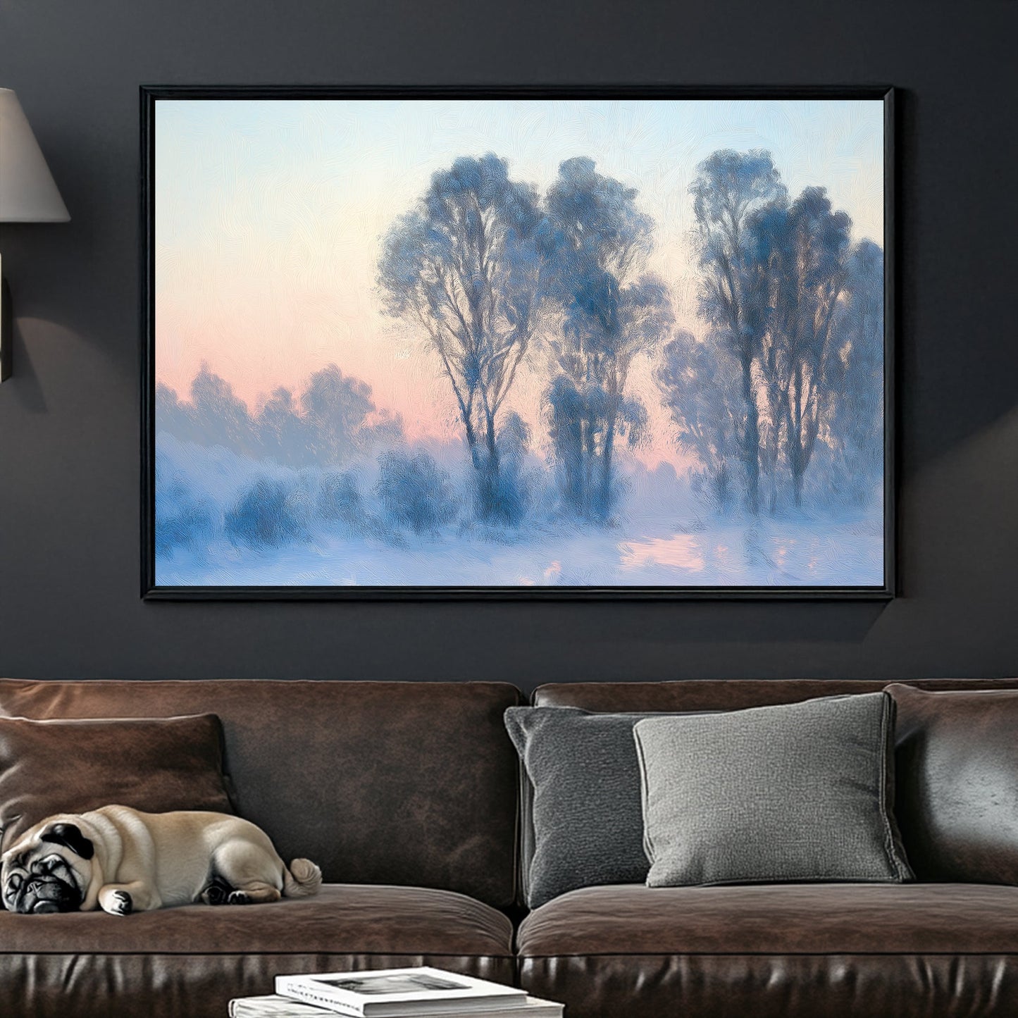 serene winter landscape wall art with frosted trees and pastel sky