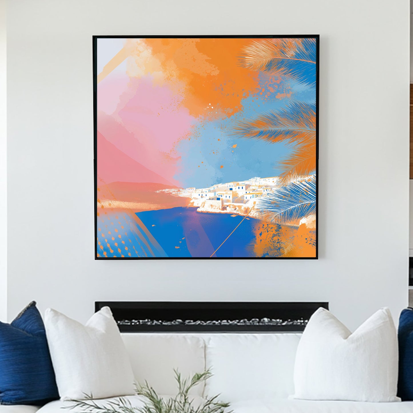 Santorini coast modern abstract wall art with vibrant palm leaves and ocean view