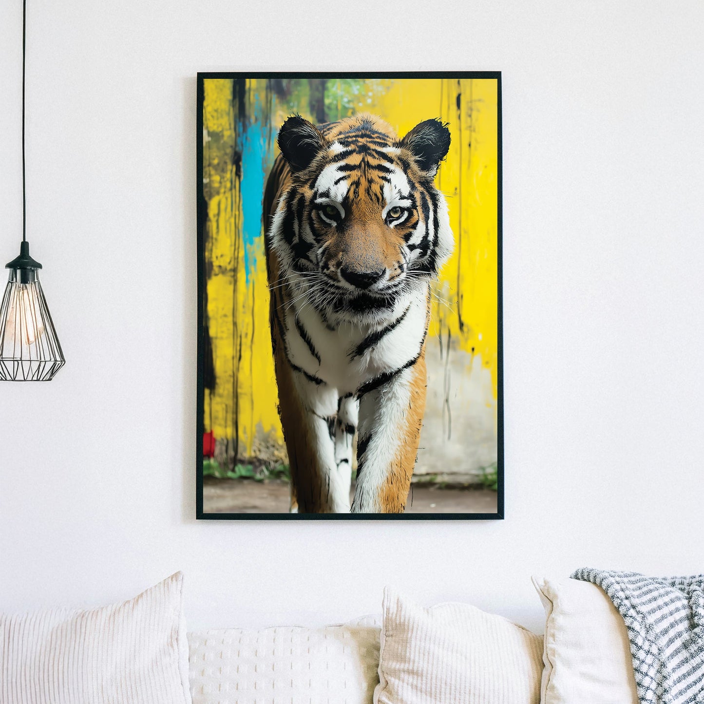 Wall art of a tiger walking toward viewer with yellow graffiti-style background