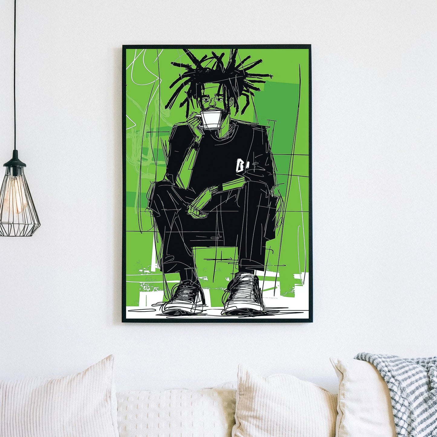 Wall art of sketched man drinking coffee with bold green graffiti-style background