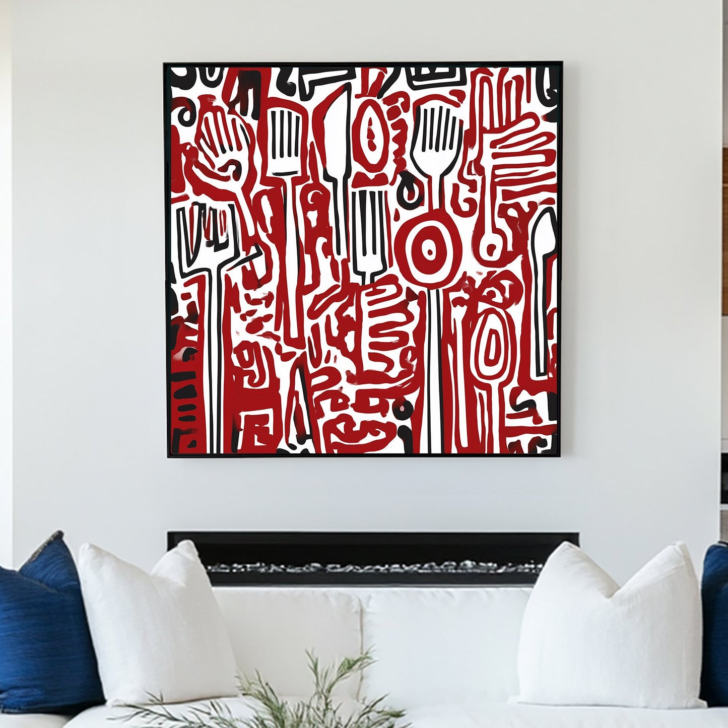 Wall art featuring abstract red and black kitchen utensils in graffiti-style pattern