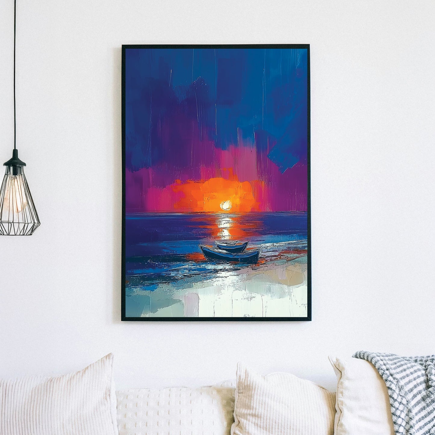 Wall art with boats on the beach at sunset, painted in bold strokes of orange, blue, and violet
