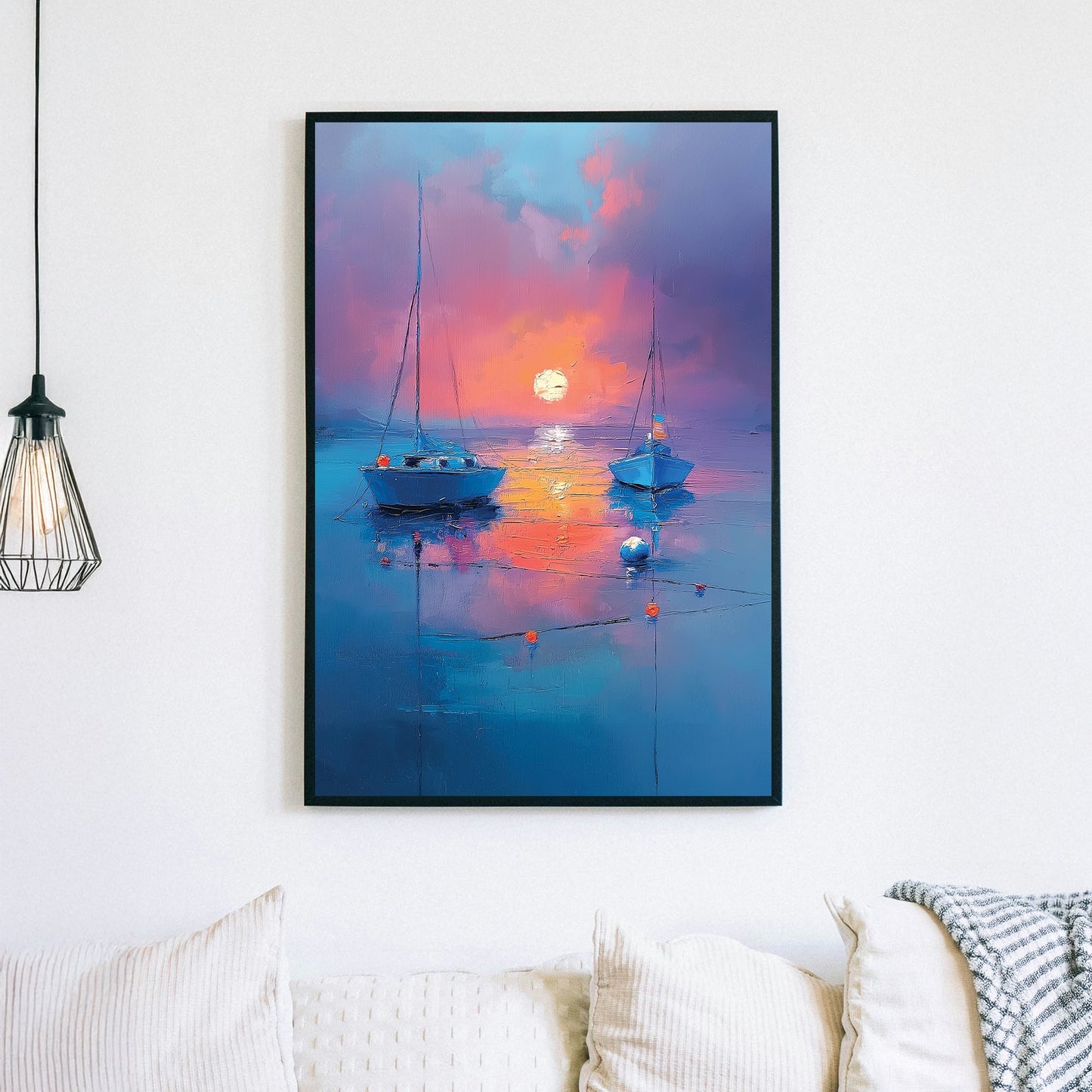 Wall art with two boats on still water at sunset in rich blue and orange hues