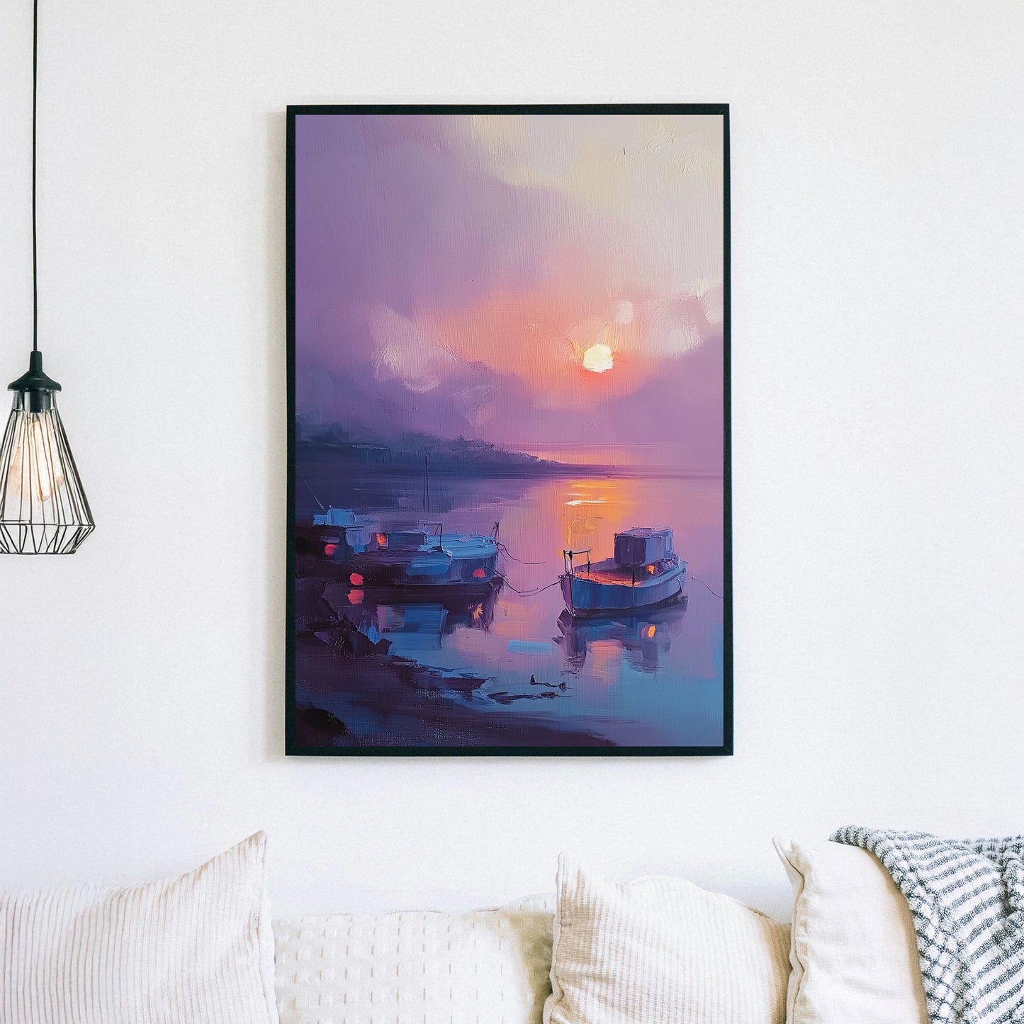 Wall art of boats resting at sunset with purple and pink skies