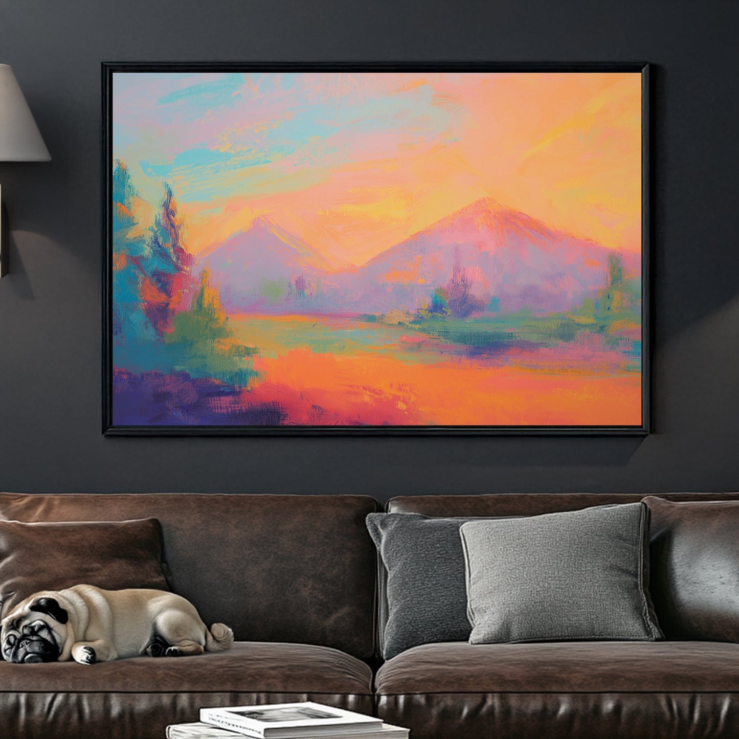 Colourful abstract painting of a dreamy mountain landscape at sunset