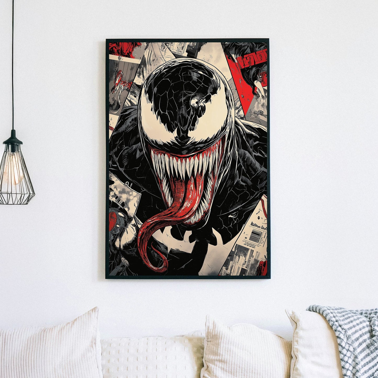 Comic book-style illustration of Venom with sharp teeth and red tongue