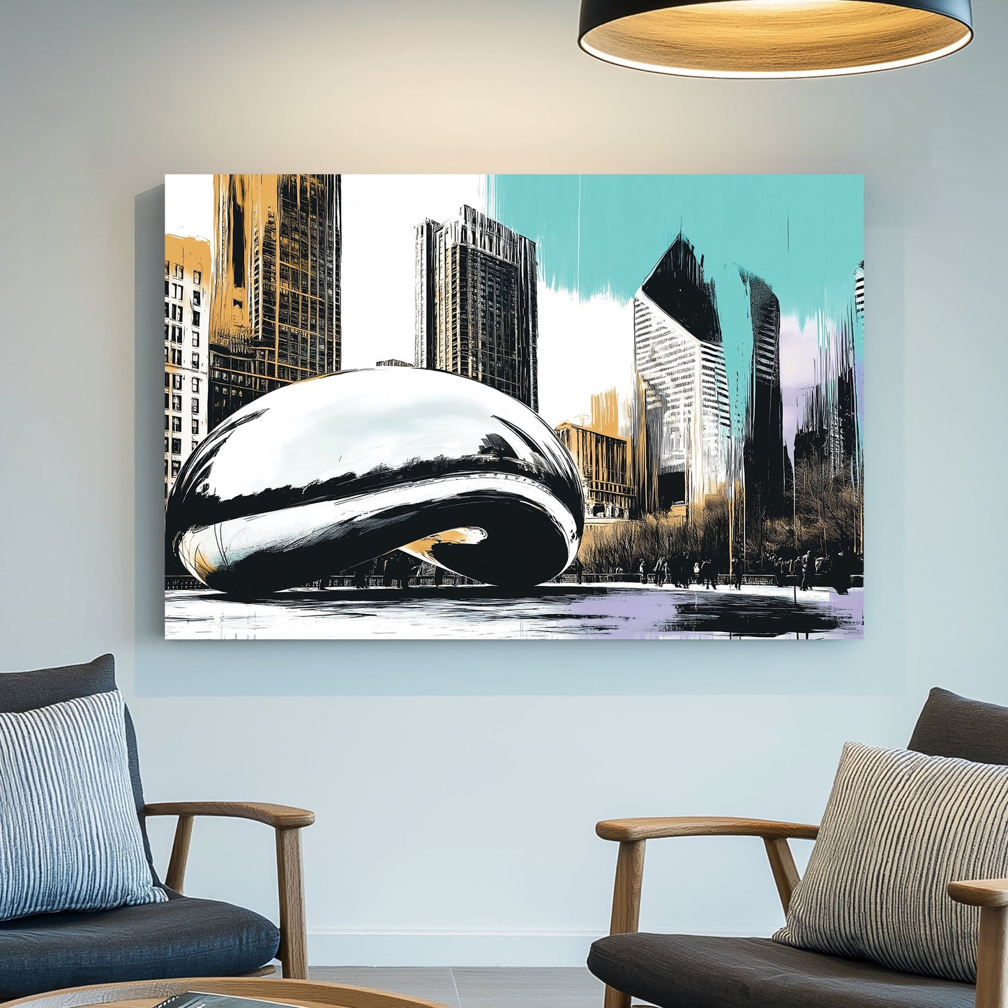 Stylized illustration of Chicago’s Cloud Gate sculpture with skyscrapers and pastel brushstrokes